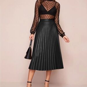 Black Pleated Faux Leather Long Skirt Size S